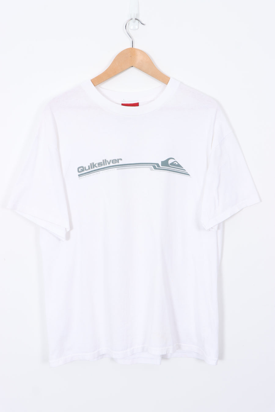 QUICKLSILVER Speed Strip Blue Logo Boardriding Company White Tee (L)