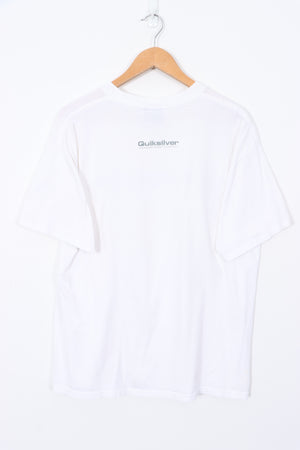 QUICKLSILVER Speed Strip Blue Logo Boardriding Company White Tee (L)