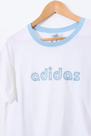 ADIDAS Sparkle Spell Out Centre Logo Blue and White T-Shirt (L)