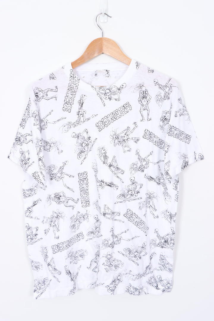 90s Boners Skeleton All Over Graphic White T-Shirt (L)