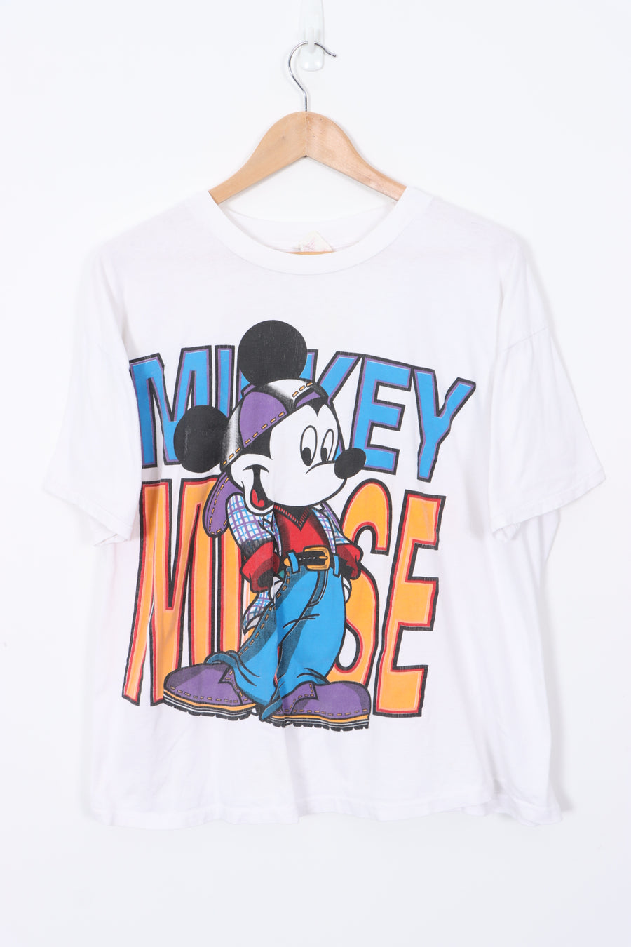 Mickey Mouse T-Shirt White Large Print Cartoon Character Single Stitch Tee (L-XL)