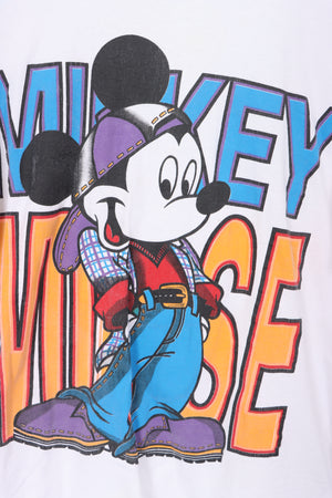 Mickey Mouse T-Shirt White Large Print Cartoon Character Single Stitch Tee (L-XL)