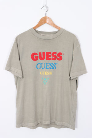 GUESS Triple Spell Out Logo Khaki T-Shirt (XL)