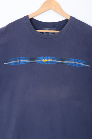 NIKE Swim Centre Swoosh Logo Y2K Blue Wave T-Shirt (L)