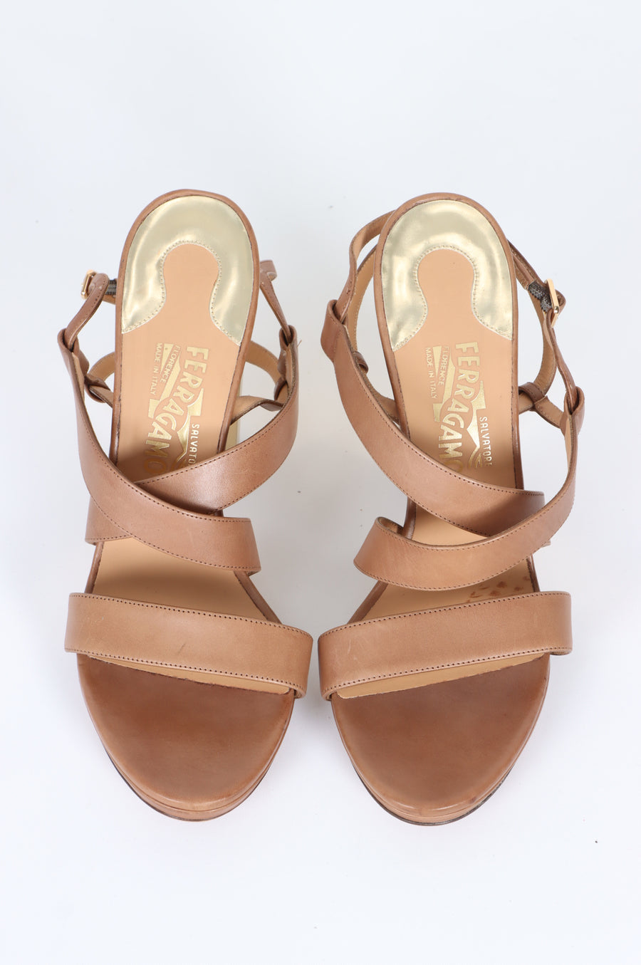 SALVATORE FERRAGAMO 'Bubina' Brown & Gold Strappy Leather Heels (9.5)