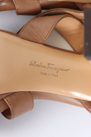 SALVATORE FERRAGAMO 'Bubina' Brown & Gold Strappy Leather Heels (9.5)