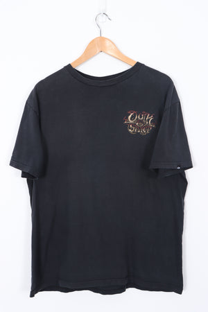 QUICKSILVER Double Sided Spell Out Logo Graphic Black Surfer Tee (L-XL)