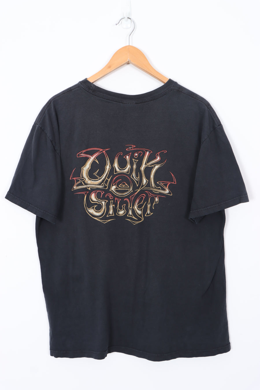 QUICKSILVER Double Sided Spell Out Logo Graphic Black Surfer Tee (L-XL)