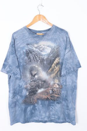 THE MOUNTAIN 1999 Ted Blaylock Train Scene Tie Dye Blue T-Shirt (XL)