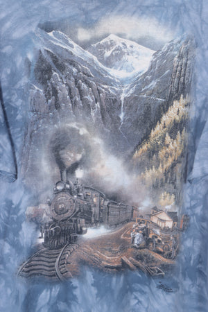 THE MOUNTAIN 1999 Ted Blaylock Train Scene Tie Dye Blue T-Shirt (XL)