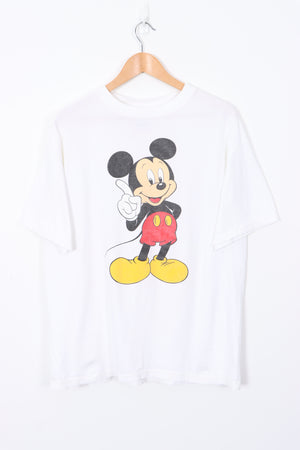 Mickey Mouse Cartoon Large Graphic Print White USA Made T-Shirt (XL)