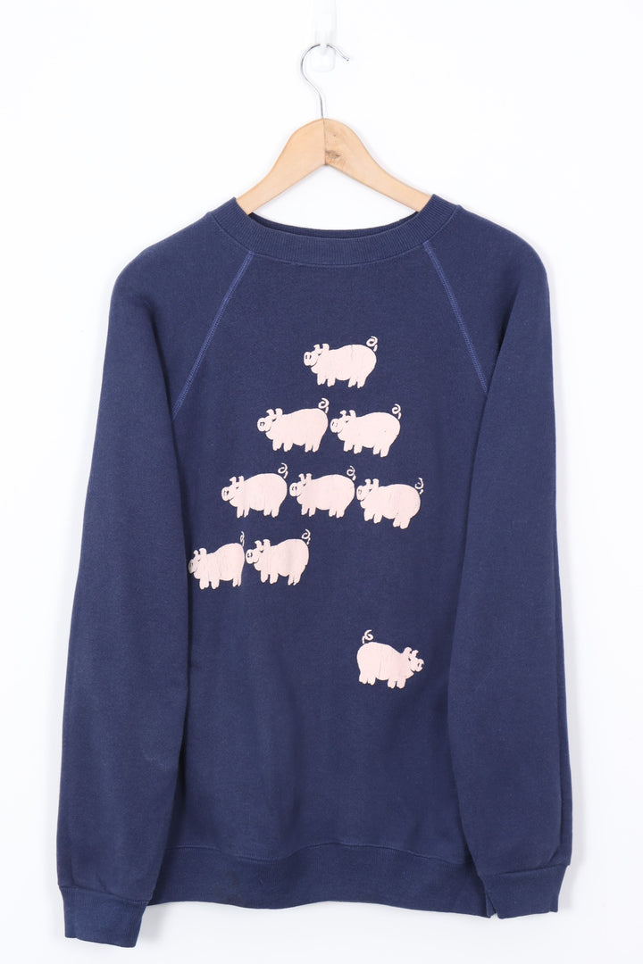 Navy Pink 3D Puff Pig Front & Back Animal 50/50 Sweatshirt (L)