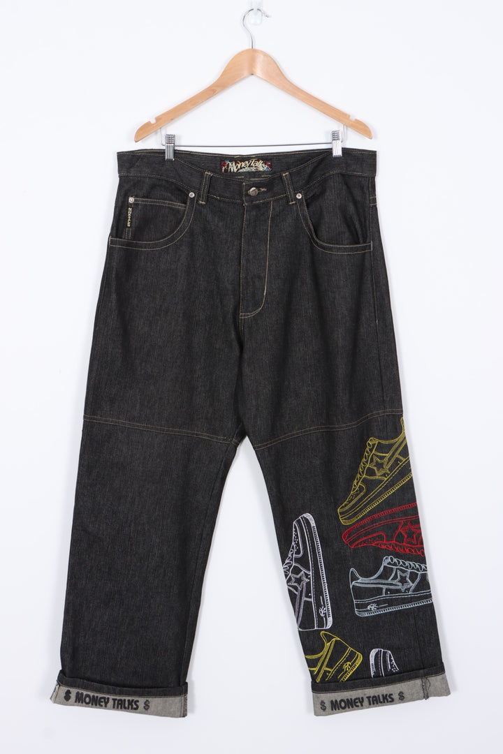 MONEY TALKS Embroidered Sneakers Y2K Jeans (36)