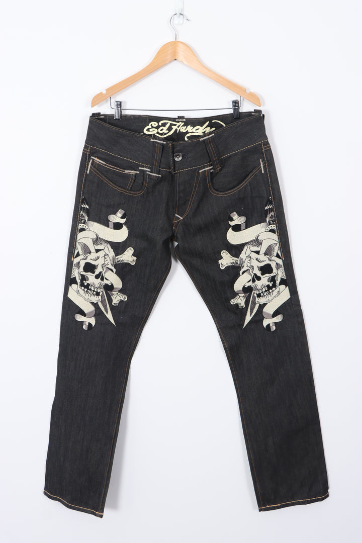 ED HARDY Large Skull Embroidered Design Dark Denim Jeans (36x34)