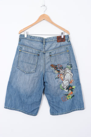 ECKO UNLTD Baggy Fit Embroidered Design Detail Denim Shorts (36)