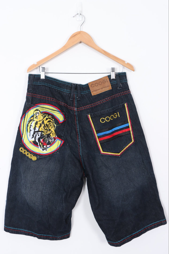 COOGI Tiger Design Embroidered Pocket Denim Shorts (W34)