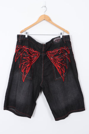 Black Wash Denim Embroidered Red Wing Detail Y2K Baggy Shorts (44)