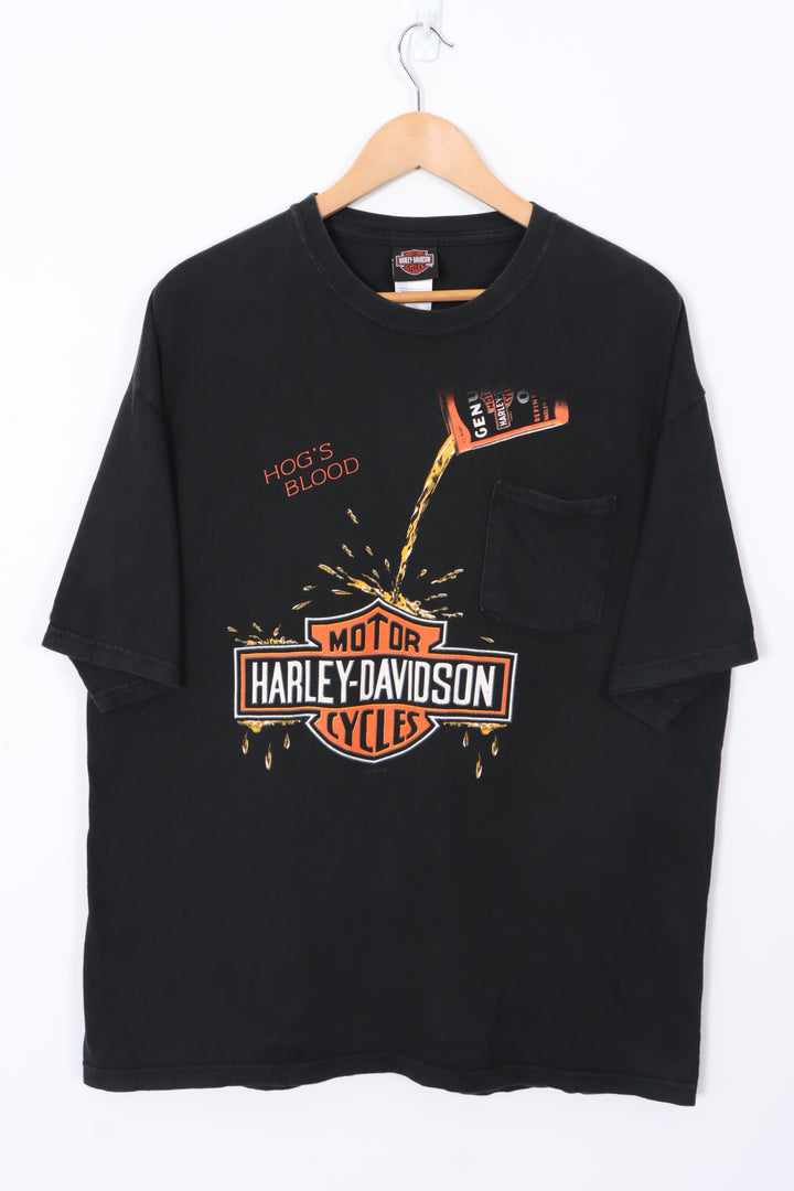 HARLEY DAVIDSON Hog's Blood Motor Oil Front Back T-Shirt USA Made (XL)