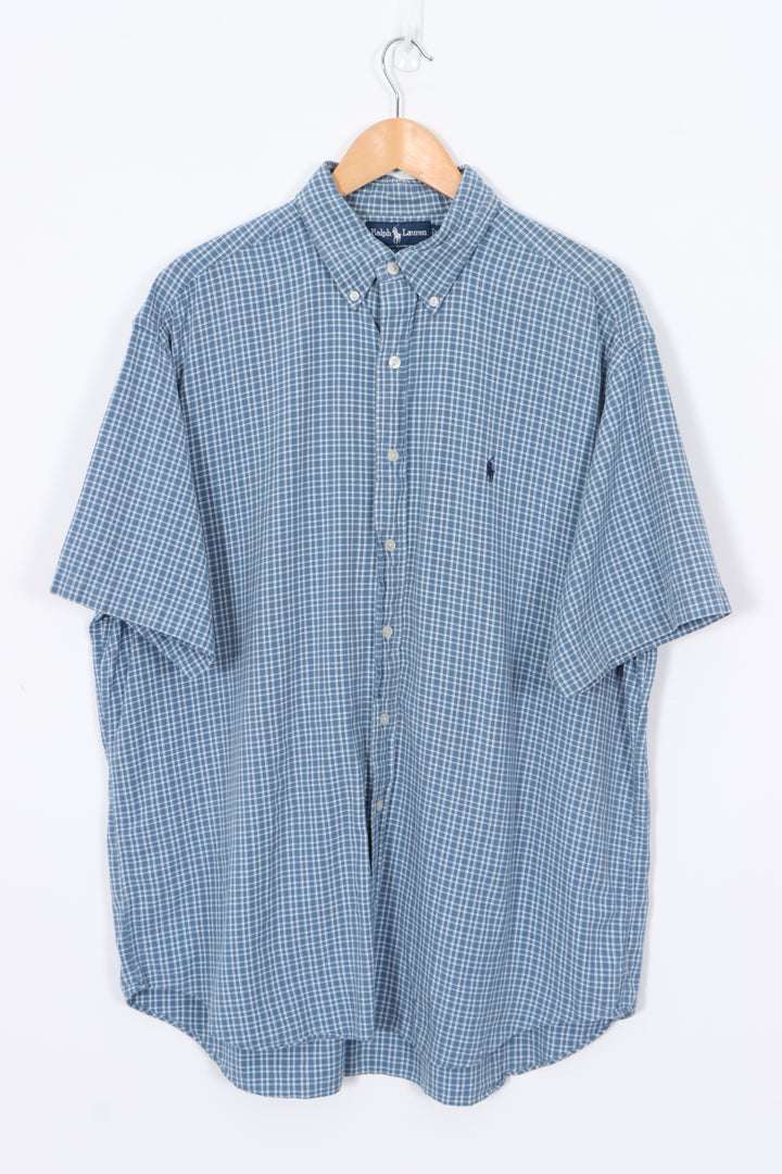 RALPH LAUREN 'Blake' Blue Plaid Short Sleeve Shirt (XXL)