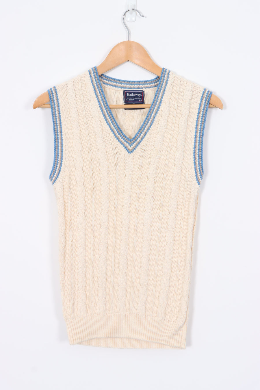 HATHAWAY Cream & Blue Cable Knit Cricket Vest UK Made (S)