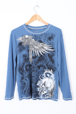 Blue Ribbed Gothic Grunge Large Graphic Print Blue Long Sleeve Tee (M)