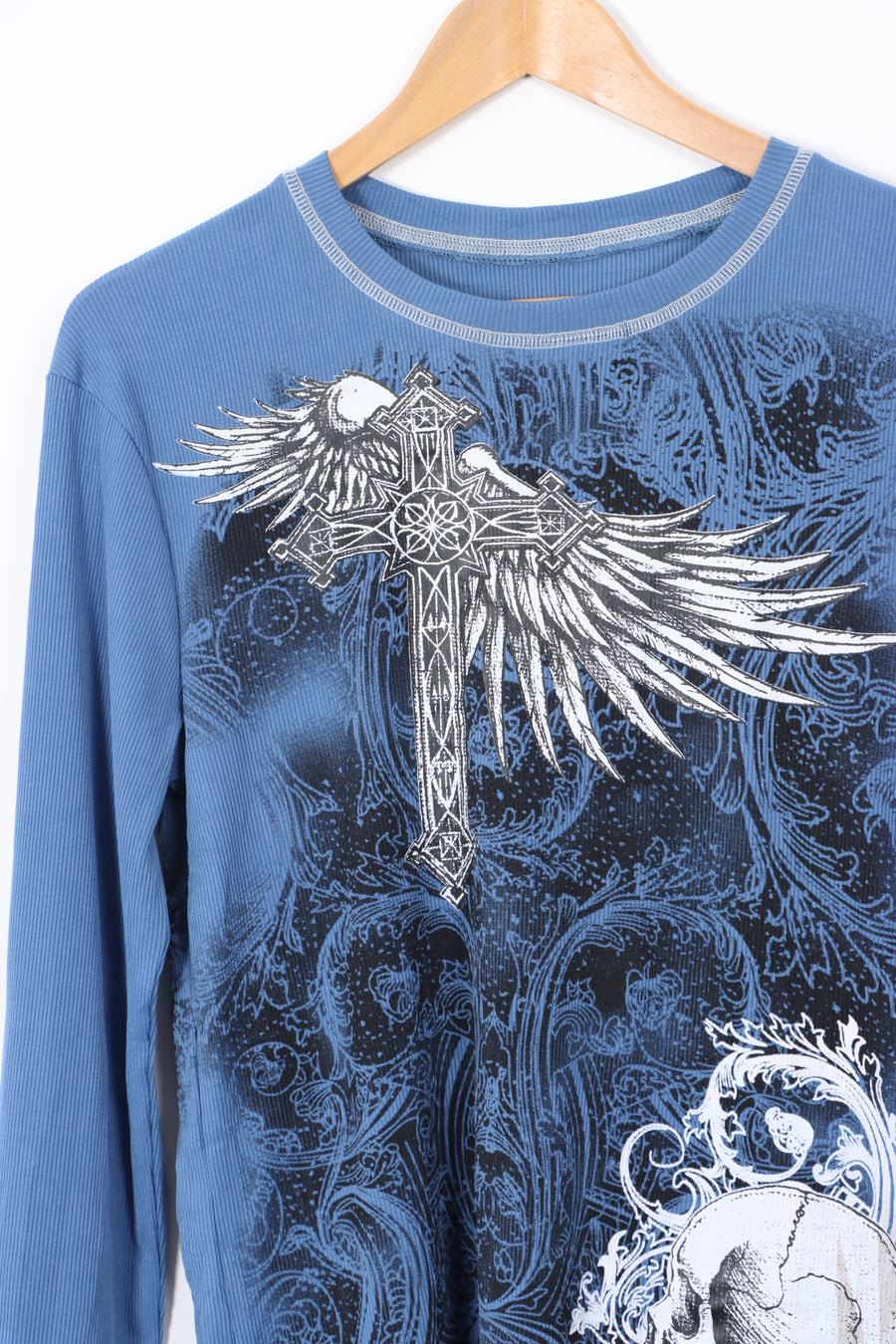 Blue Ribbed Gothic Grunge Large Graphic Print Blue Long Sleeve Tee (M)