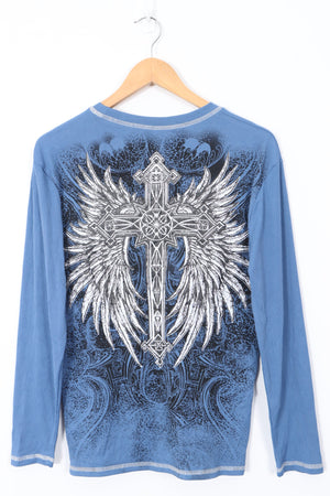 Blue Ribbed Gothic Grunge Large Graphic Print Blue Long Sleeve Tee (M)