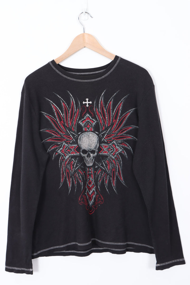 Black Waffle Skull and Cross Large Graphic Long Sleeve T-Shirt (XXL)