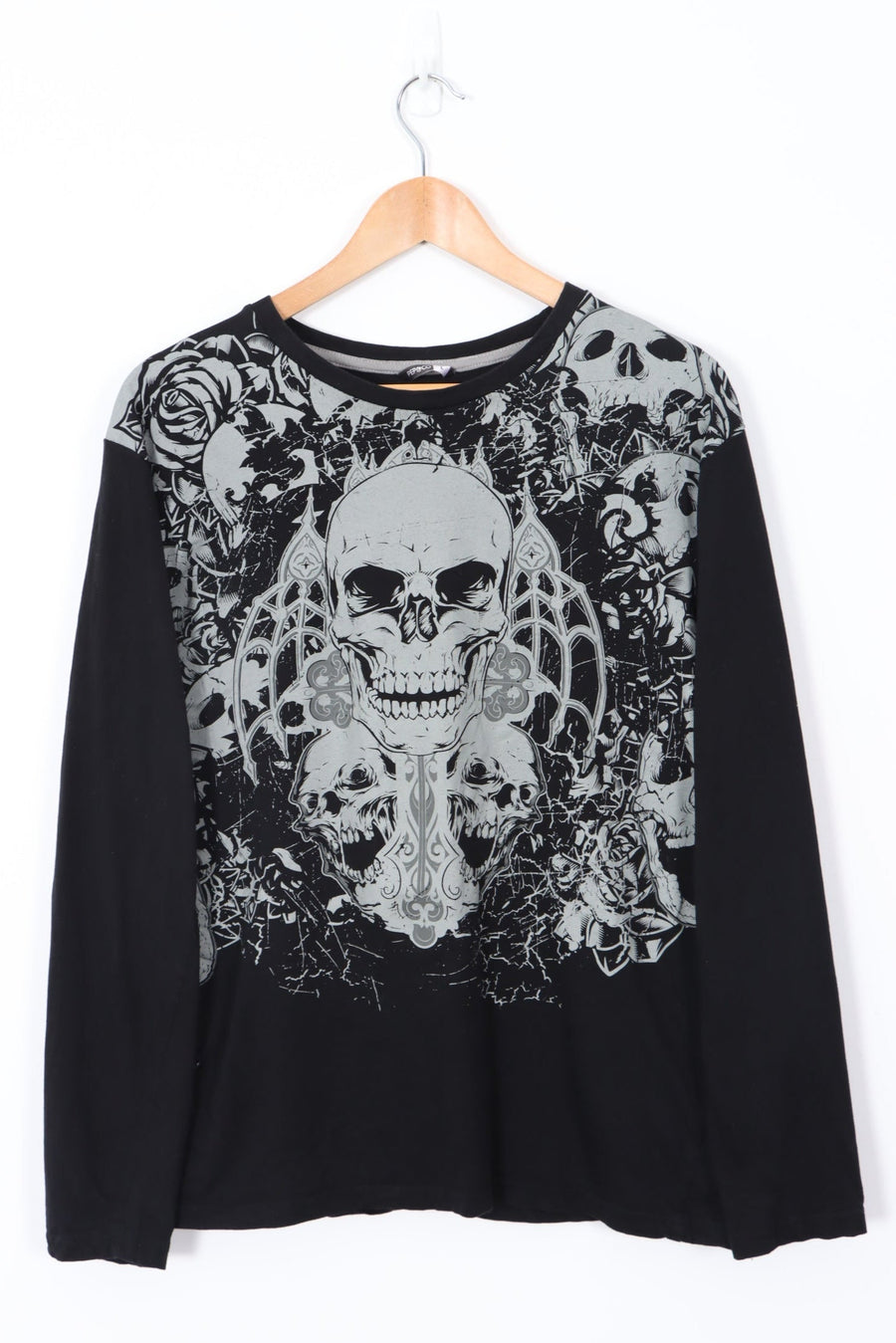 All Over Skull Design Black Long Sleeve Y2K Style T-Shirt (L)