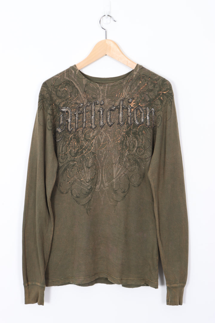 AFFLICTION Y2K Style Metallic USA Made Waffle Long Sleeve Tee (M)