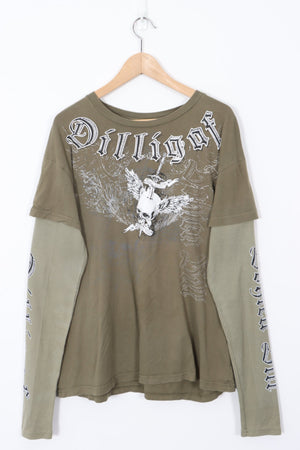 Khaki Long Sleeve Large Skull Graphic Y2K Style 50/50 T-Shirt (XL)