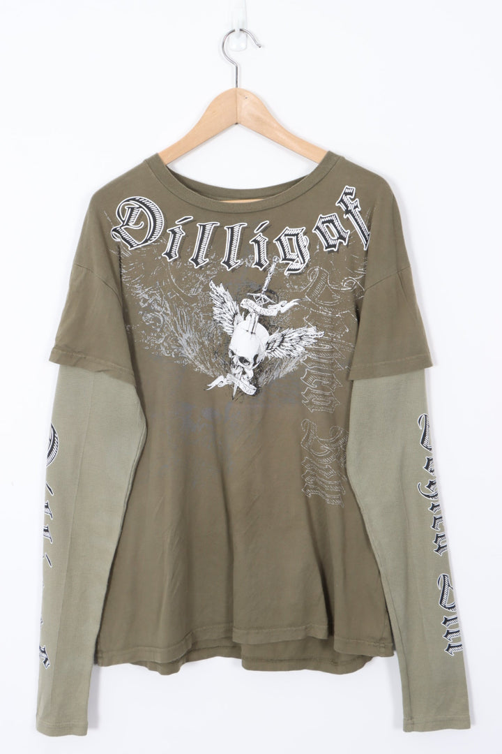 Khaki Long Sleeve Large Skull Graphic Y2K Style 50/50 T-Shirt (XL)