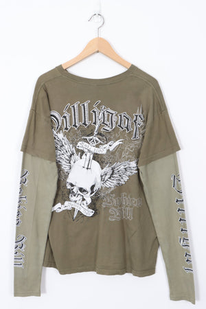 Khaki Long Sleeve Large Skull Graphic Y2K Style 50/50 T-Shirt (XL)