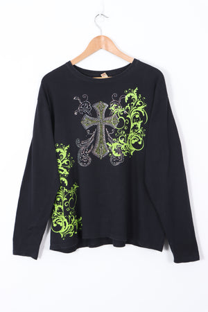 Green Dimante Embellished Cross Design Long Sleeve Y2K Style T-Shirt (XL)