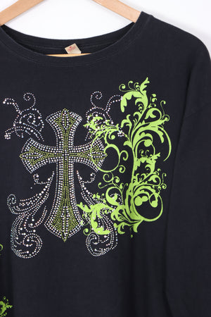 Green Dimante Embellished Cross Design Long Sleeve Y2K Style T-Shirt (XL)