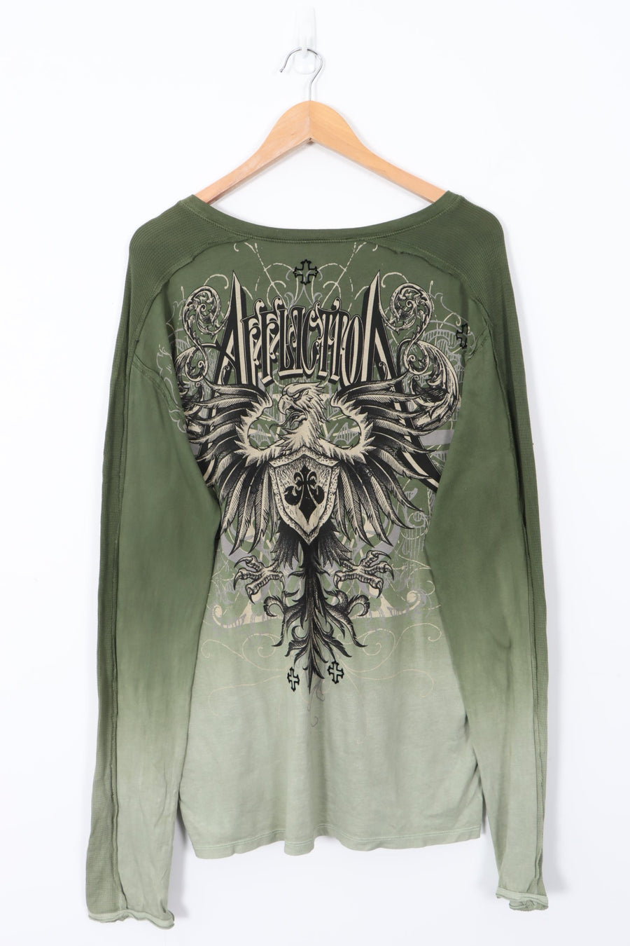 AFFLICTION Large Eagle Design Long Sleeve Green T-Shirt (XL)