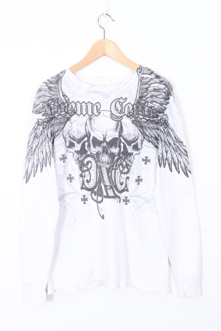 XTREME COUTURE Skull Design Long Sleeve White Waffle T-Shirt (M)