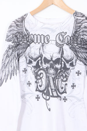 XTREME COUTURE Skull Design Long Sleeve White Waffle T-Shirt (M)