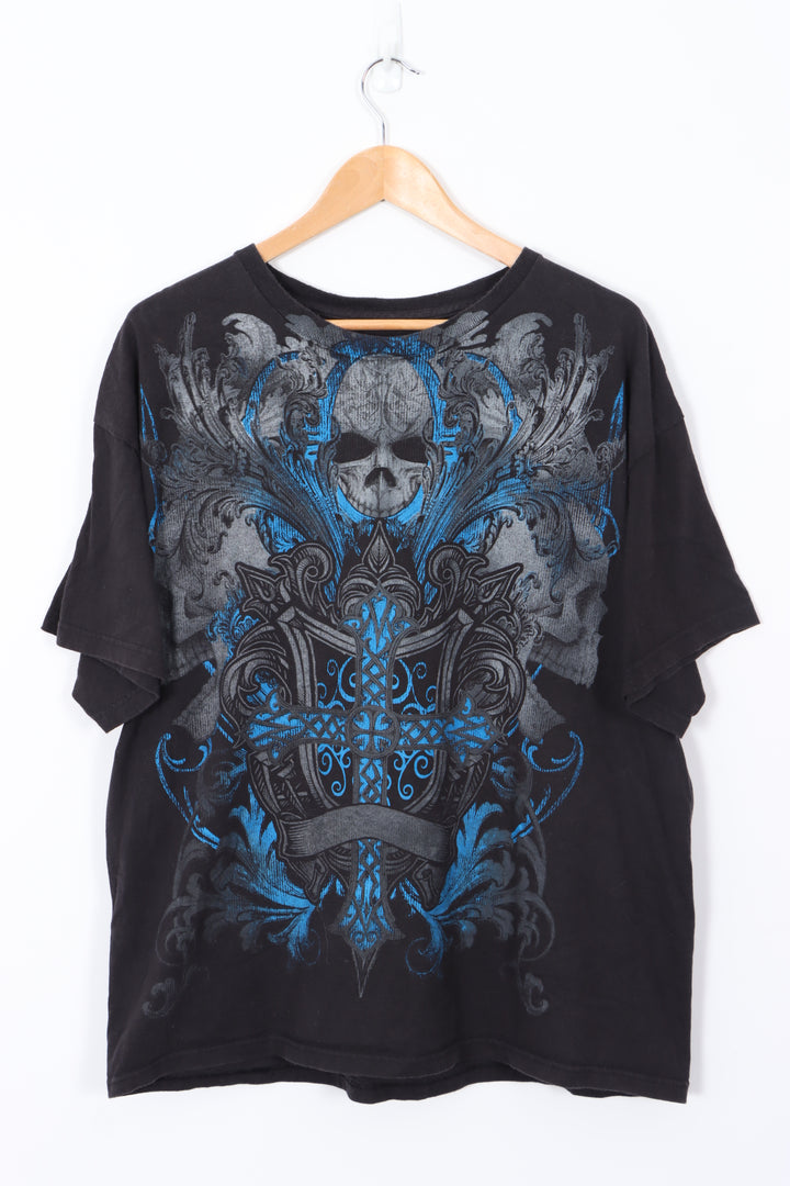 ELITE MMA Skull & Cross Blue Detail Design Y2K Style T-Shirt (XL)