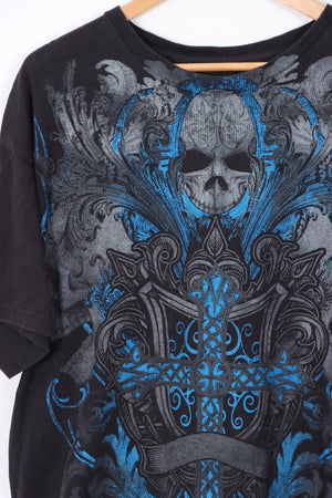 ELITE MMA Skull & Cross Blue Detail Design Y2K Style T-Shirt (XL)