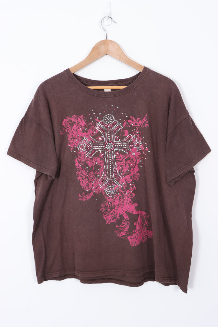 Pink Dimante Cross Design Y2K Style T-Shirt (XL)