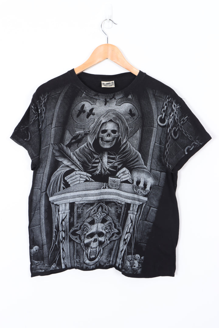 Large Caped Skeleton Graphic Print Black Y2K Style T-Shirt (L)