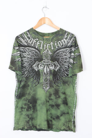 AFFLICTION Contrast Side Stitch Detail Angel Wings Y2K Style T-Shirt (L)