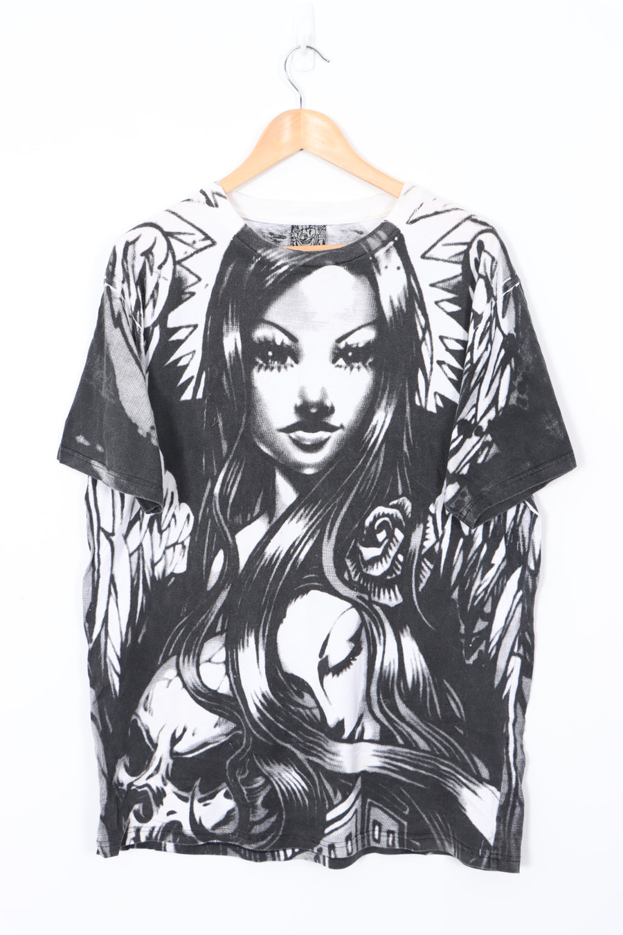 Black and White Gothic Girl All Over Graphic T-Shirt (XL)