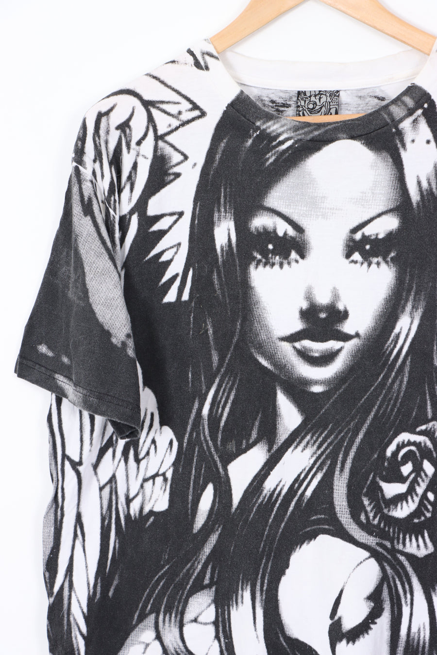 Black and White Gothic Girl All Over Graphic T-Shirt (XL)