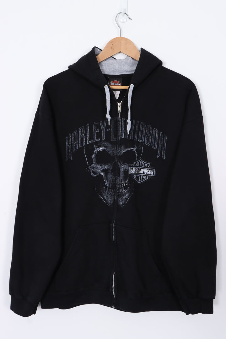 HARLEY DAVIDSON Skull & Flames Full Zip Y2K Black Sweatshirt (L)