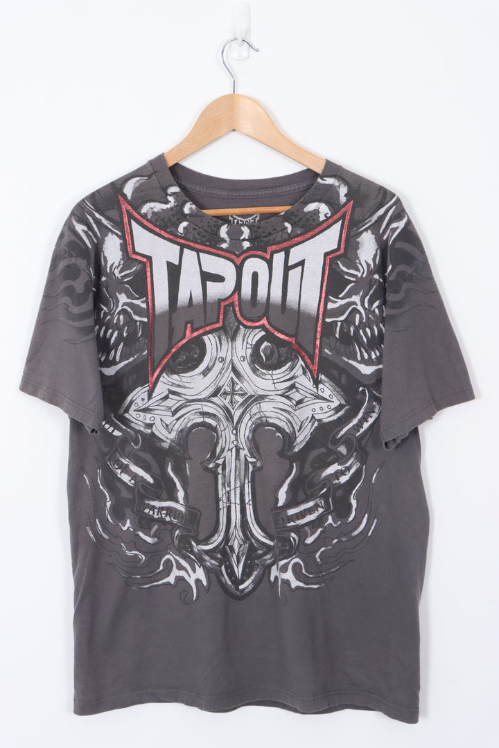 TAPOUT Metallic Spell Out Cross Design  Grey T-Shirt (L)