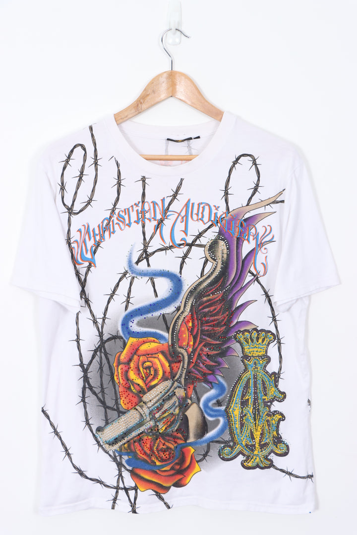 CHRISTIAN AUDIGIER Smoking Gun and Roses Embellished White T-Shirt (L)