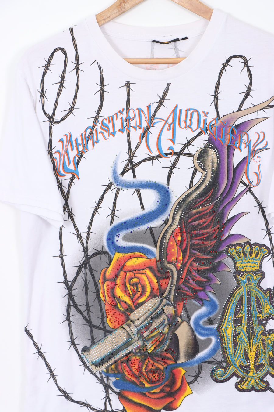 CHRISTIAN AUDIGIER Smoking Gun and Roses Embellished White T-Shirt (L)