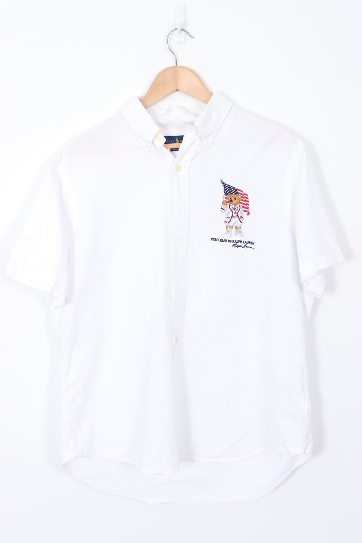 POLO by RALPH LAUREN USA Flag Bear White Short Sleeve Shirt (XL)